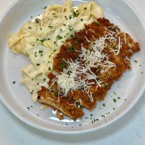Crispy Chicken with Alfredo Pappardelle