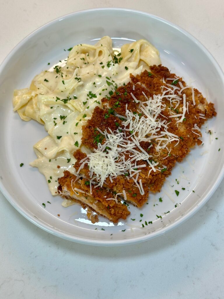 Crispy Chicken with Alfredo Pappardelle